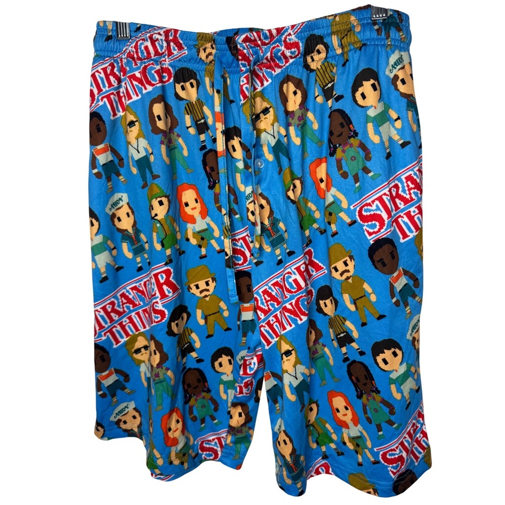 Stranger Things Mens Pajama Shorts Blue Pixel Art Character Print XL